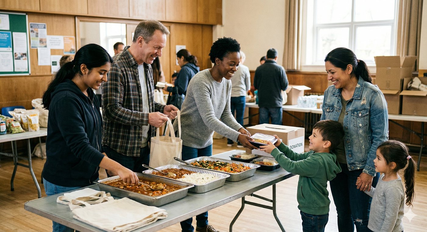 Volunteers handing hot meals and grocery bags across a serving table to families and children at a community food distribution.