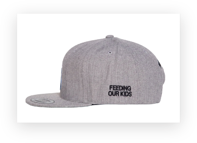 Side view of the grey Frontline Love snapback, embroidered with FEEDING OUR KIDS.