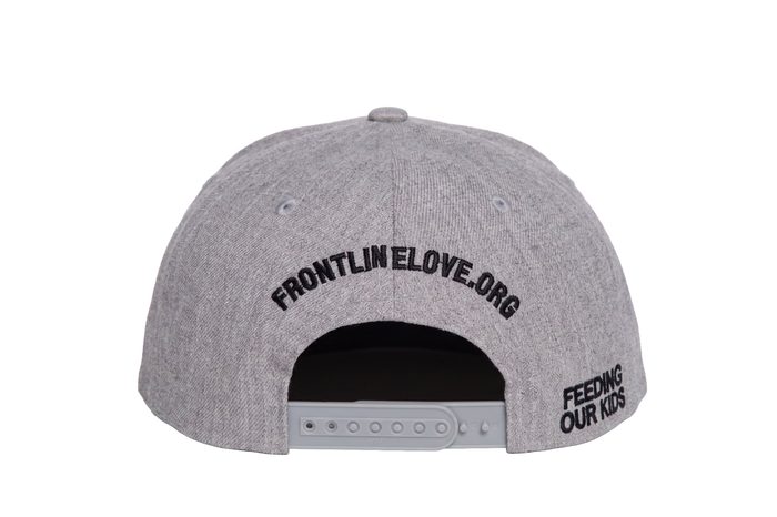 Back of a grey snapback embroidered with frontlinelove.org and FEEDING OUR KIDS.