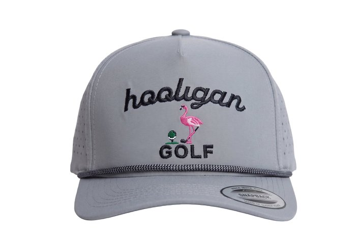 Grey rope-brim cap with the Hooligan Golf flamingo logo on the front.