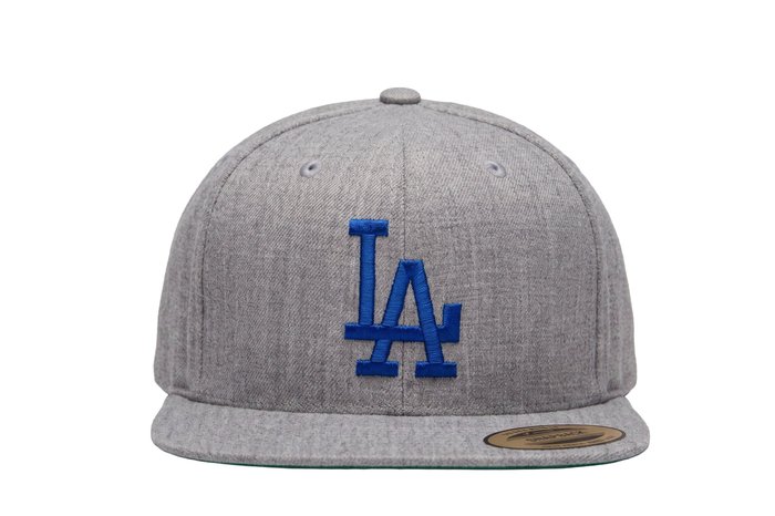 Grey snapback with the blue Los Angeles LA monogram embroidered on the front.